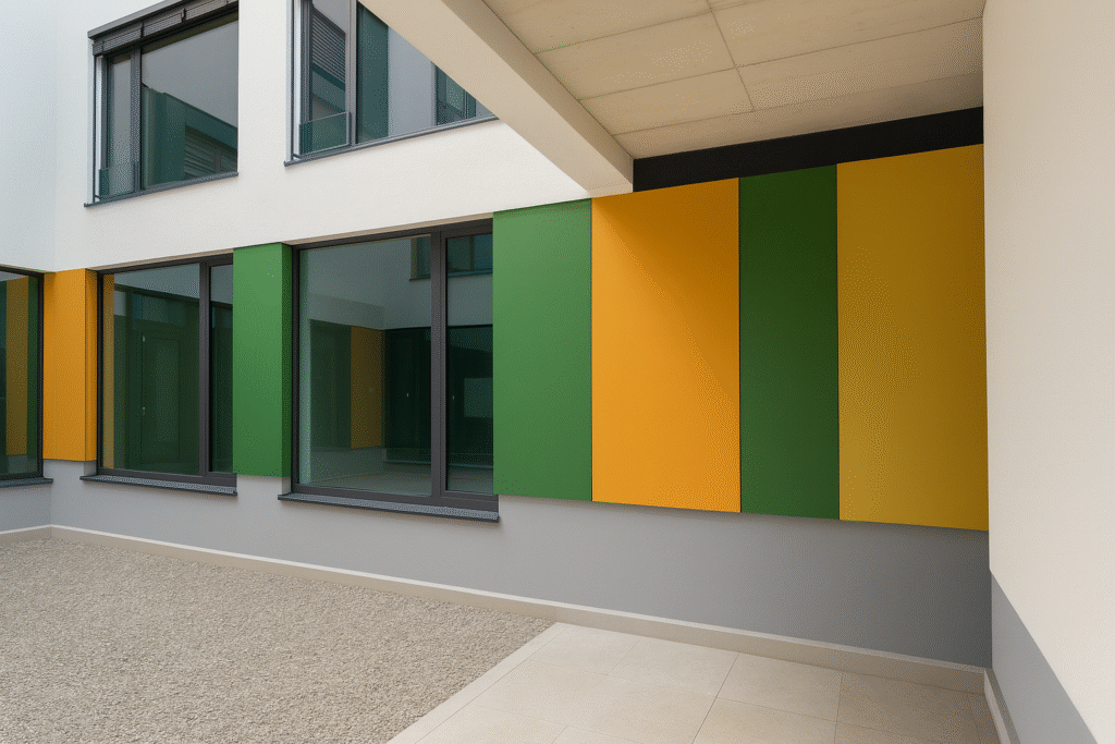 Moderner Innenhof mit farbigen Wänden, Kies- und Fliesenboden, umgeben von Fenstern.