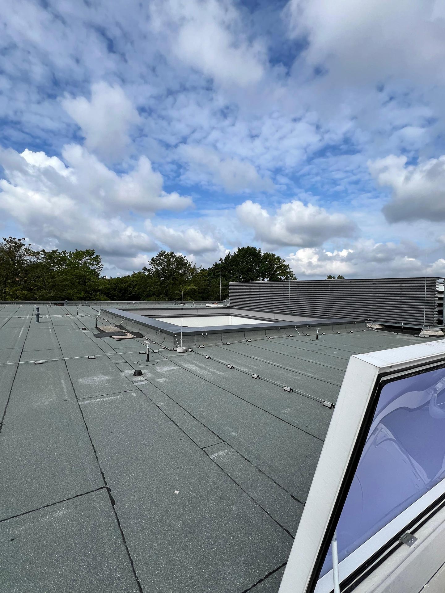 Flachdach mit grauer Oberfläche, Lüftungsschächten, Oberlicht und Metallbefestigungen, umgeben von Bäumen.