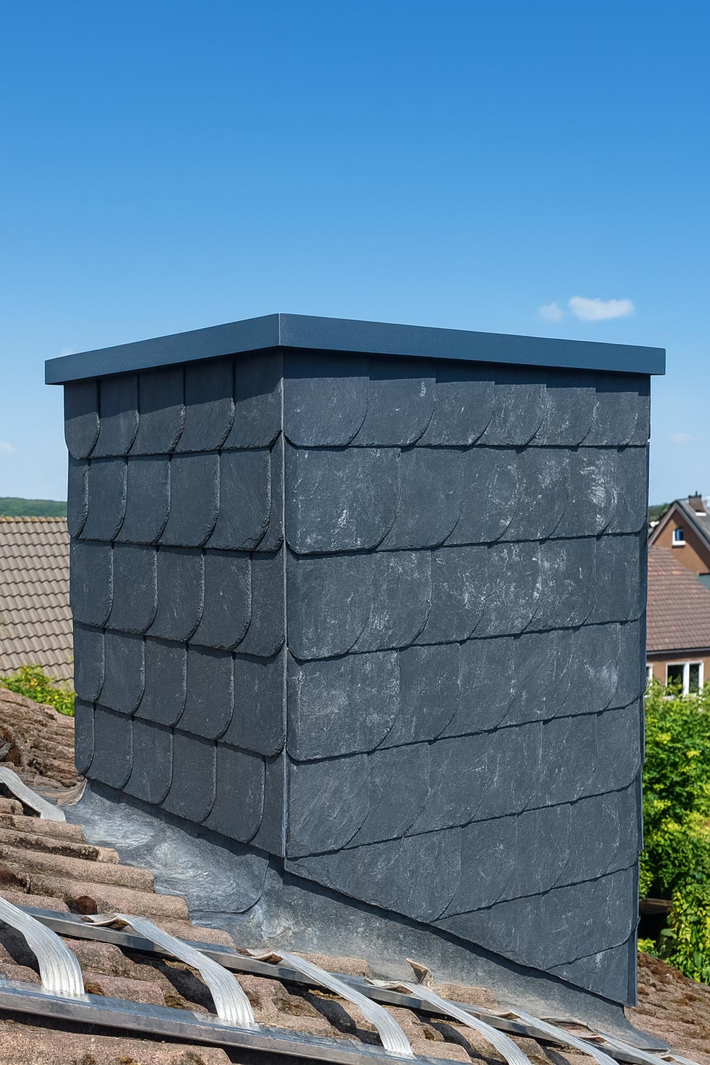 Ein Schornstein mit dunklen Schieferplatten auf einem roten Ziegeldach unter klarem, blauem Himmel.